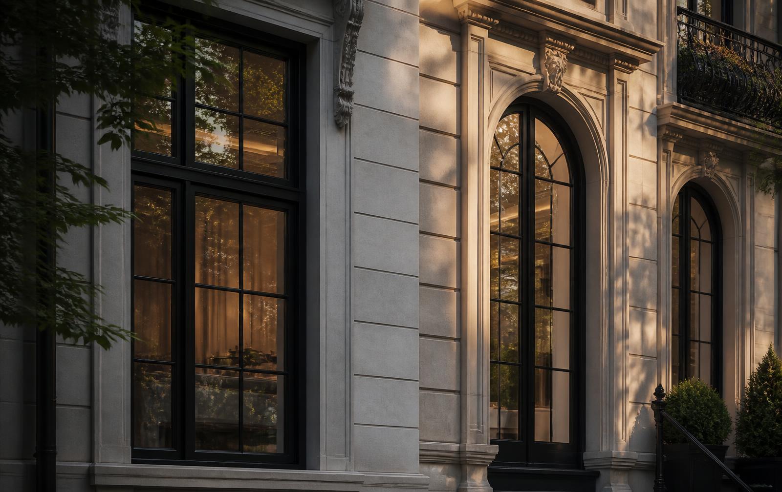 Black steel casement and arched windows on a limestone townhouse facade